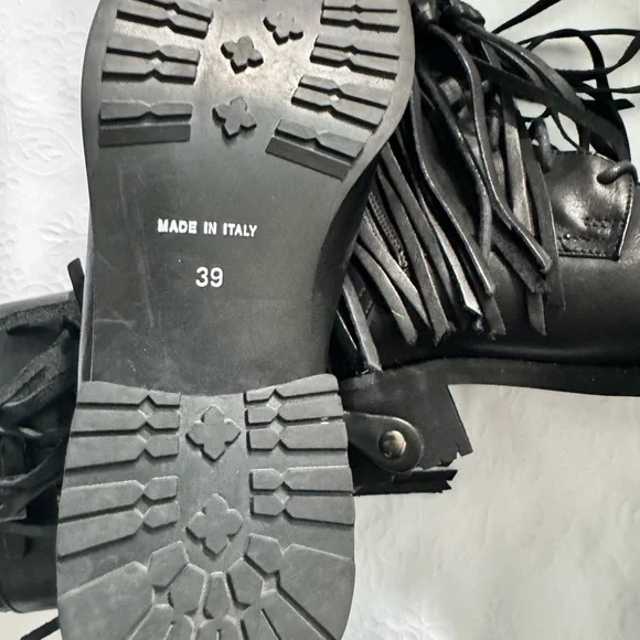 Fabianelli Italian Made Leather Black Fringe Ankle Booties with Buckle Accents - Picture 5 of 13